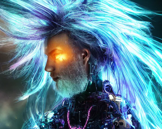 Image similar to glowing hair, complex cybernetic beings, beautiful hairy humanoids, cybermagnetosphere, cybernetic civilizations, ornate hair, love, joy, vortexes, large arrays, data holograms, 8 k, cinematic light shadows, wet hdr refractions, *, * * *, * * * * *