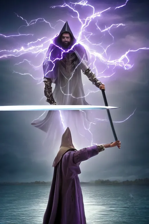 Image similar to hyper realistic mystical wizard holding a sword that’s pointed towards the sky, sword is getting shocked by purple lightning, wizard is levitating over a lake, reflection, octane, trending on artstation, hyper realistic, highly detailed, 8k