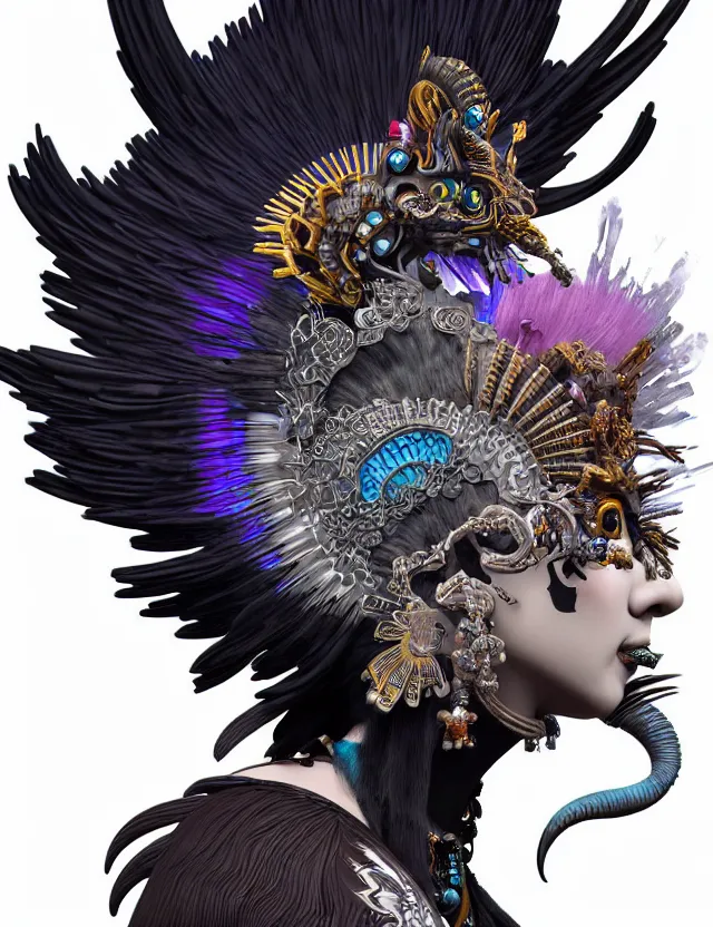 Image similar to 3 d goddess close - up profile portrait punk with mohawk with ram skull. beautiful intricately detailed japanese crow kitsune mask and clasical japanese kimono. betta fish, jellyfish phoenix, bio luminescent, plasma, ice, water, wind, creature, artwork by tooth wu and wlop and beeple and greg rutkowski