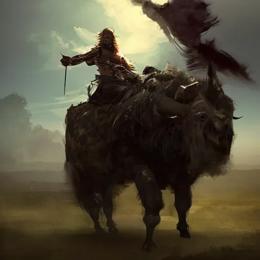 Image similar to Walter white as a dark fantasy warrior riding an armored yak, made by Greg Rutkowski