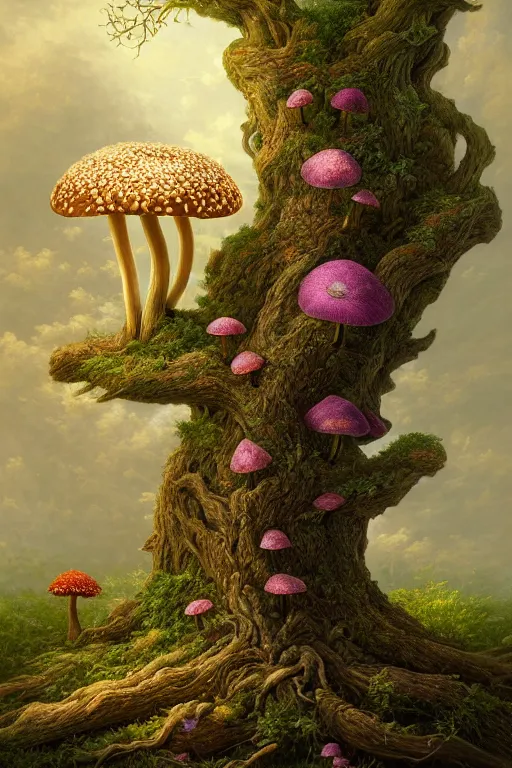 Image similar to a beautiful digital illustration painting of a detailed fantasy tree trunk and roots, mushroom, flowers by benoit b. mandelbrot, steven belledin, martin johnson heade, lee madgwick, caspar david friedrich, and david rios ferreira. 8 k resolution trending on artstation concept art digital illustration