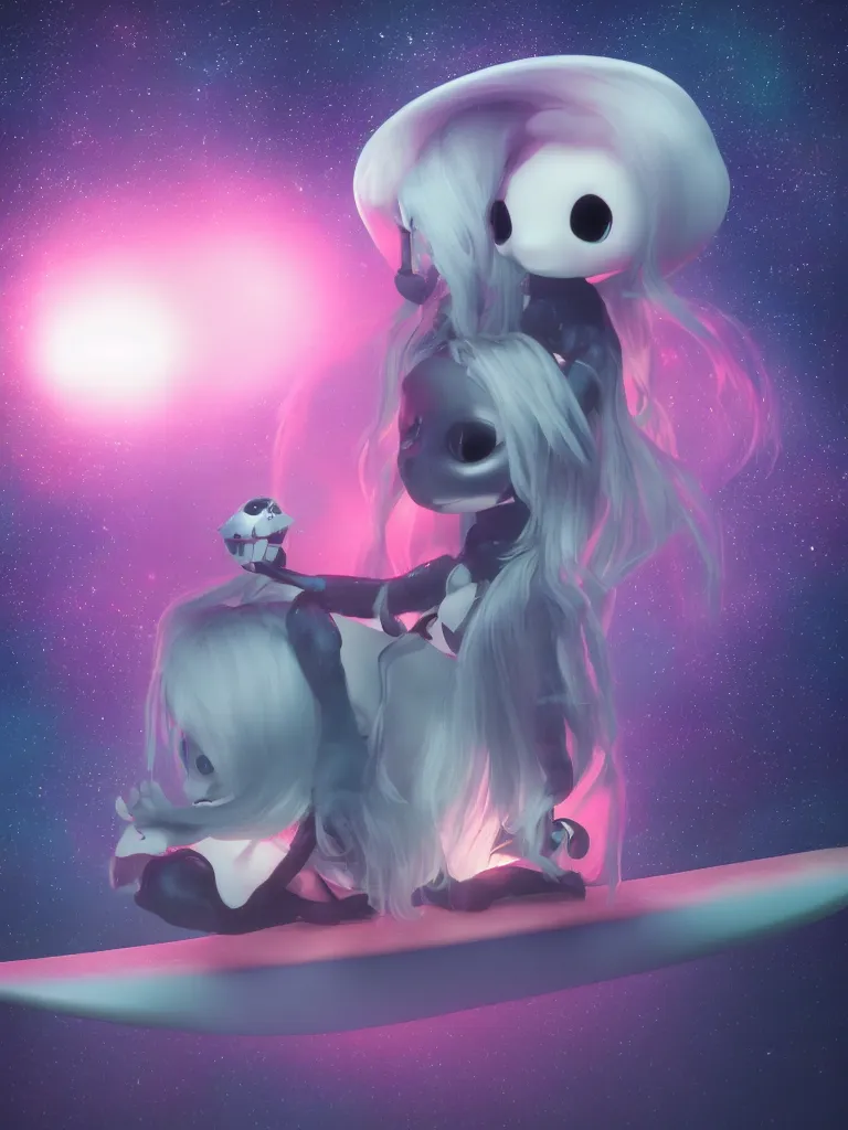 Image similar to cute fumo plush gothic maiden alien girl sitting on a surfboard in the dark galactic abyss, heart eyes, vignette, vray