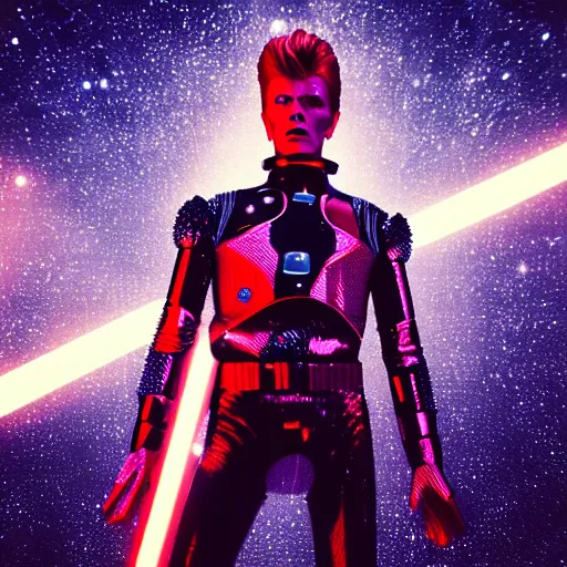 Image similar to portrait of david bowie wearing a rocknroll glitzy glamour spacesuit, beautiful, heroic action pose, stunning alien landscape, cinematic, dramatic studio lighting, close up, in the style of kubrick, ridley scott, jodorowsky, dune, star wars, transformers, moulin rouge, tron, science fiction, illustration, 3 d sculpture octane render