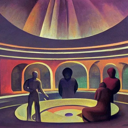Image similar to three brutalist robotic seers watchers oracles soothsayers inside a dome, pj crook, grant wood, edward hopper, syd mead, chiaroscuro, oil on canvas