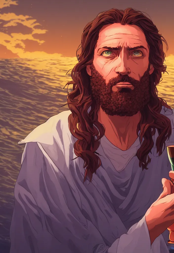 Image similar to a portrait of jesus turning water in wine by dan mumford, yusuke murata and makoto shinkai, 8k, cel shaded, unreal engine, featured on artstation, pixiv