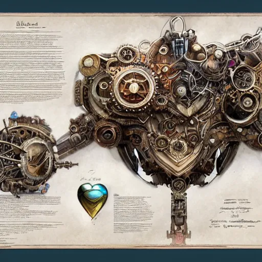 Prompt: a full page concept designs of a robotic heart device powered by magic gems, steampunk blueprint, intricate details, ink on paper, scientific, Highly detailed labeled, poster, peter mohrbacher,