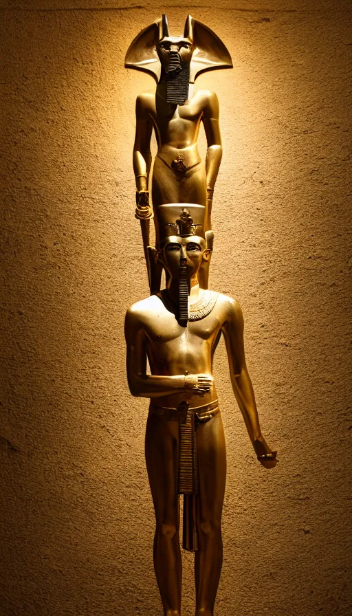 Image similar to a portrait of a statue of the Egyptian god Anubis wearing a gold-rimmed toga. Dark cavern is in the background. Key lighting 8K dslr photograph