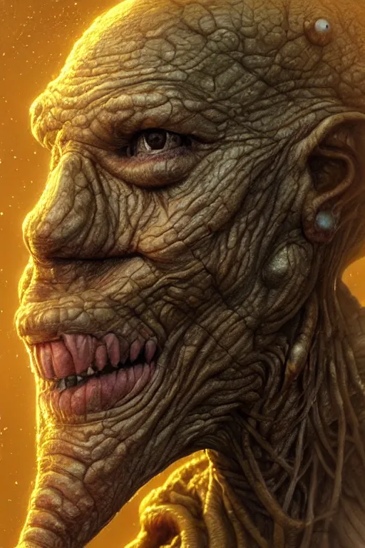 Image similar to beautiful portrait of the thing of the swamp smiling, intricate, dystopian, biopunk, extremely detailed, digital painting, sculpted in zbrush, artstation, concept art, smooth, sharp focus, illustration, chiaroscuro, soft lighting, golden ratio, rule of thirds, fibonacci, incredible art by Stanley Artgerm Lau and Greg Rutkowski, composition by mike mignola and Simon Stalenhag,