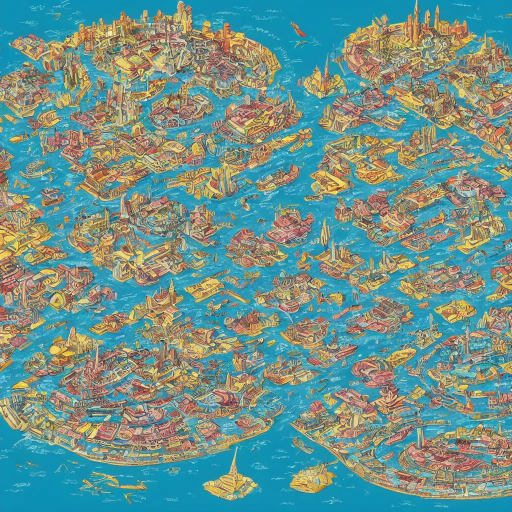 Prompt: a detailed infographic map of a futuristic city located in a round island surrounded by water with a few flying ships stationed around it, in the style of David Alfaro Siqueiros, colorfull, axonometric exploded view