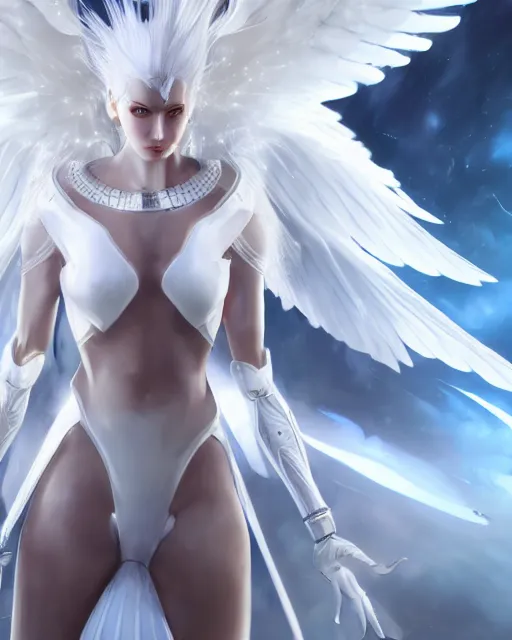 Image similar to perfect white haired attractive egyptian goddess with huge white dove wings, warframe armor, beautiful, symmetric, charlize theron, half asian, pretty face, blue eyes, scifi platform, laboratory, experiment, 4 k, ultra realistic, epic lighting, android body, illuminated, cinematic, masterpiece, art by akihito tsukushi, voidstar