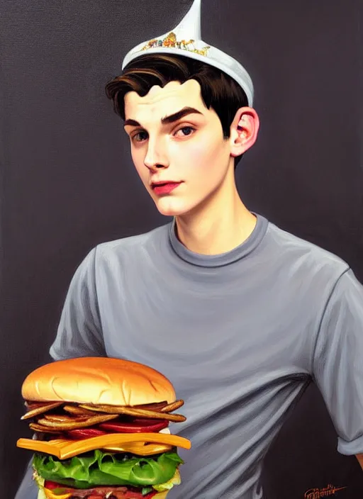 Image similar to oil painting, teenage jughead jones, wears a light grey crown, and devours a hamburger, intricate, elegant, highly detailed, pinocchio nose, lighting, painting, artstation, smooth, illustration, art by greg rutowski and alphonse mucha