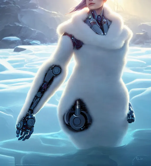 Image similar to portrait of a cyborg robot baby harp seal emerging from from an ice river, cinematic lighting, photorealistic, octane render, 8 k, depth of field, art by artgerm and greg rutkowski and alphonse mucha and uang guangjian