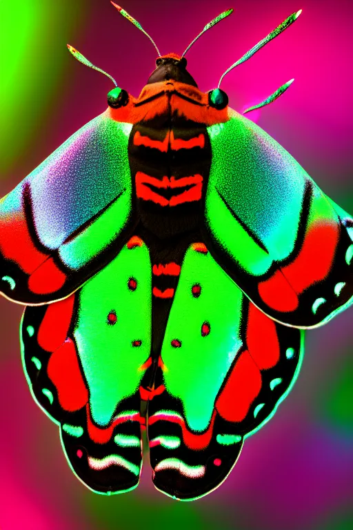 Image similar to high quality macro photo iridescent cecropia moth! jeweled gorgeous! highly detailed concept art david ligare elson peter cinematic neon lighting high quality low angle hd 8k sharp shallow depth of field