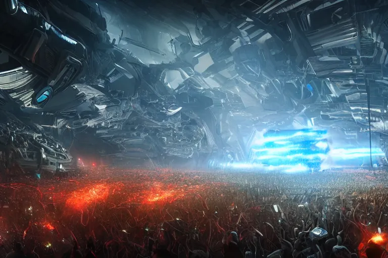 Prompt: a futuristic epic rock concert with flames and laser, huge clouds of smoke and bright beams of light, the crowd are screaming in ecstasy, hypermaximalistic, high details, cinematic, 8k resolution, beautiful detailed, insanely intricate details, artstation trending, octane render, unreal engine