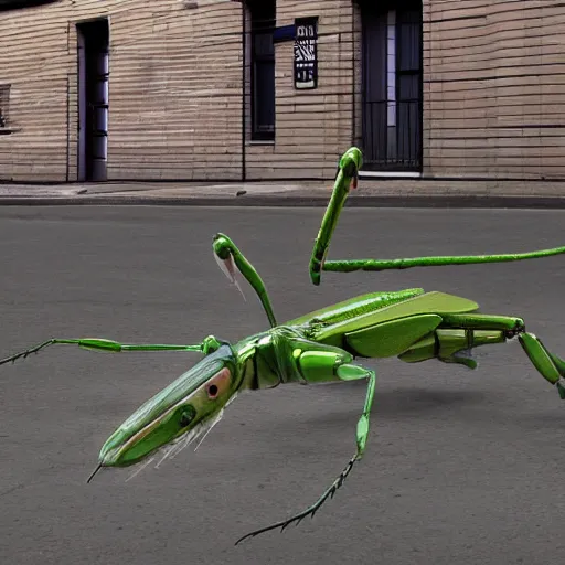 Prompt: robotic cyborg praying mantis, building sized, peacefully walking through a small town, hyperrealism