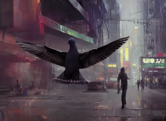 Image similar to A pigeon, oil painting, cyberpunk, 4k, soft lighting, in the style of Jeremy Mann and Marc Simonetti, magical realism