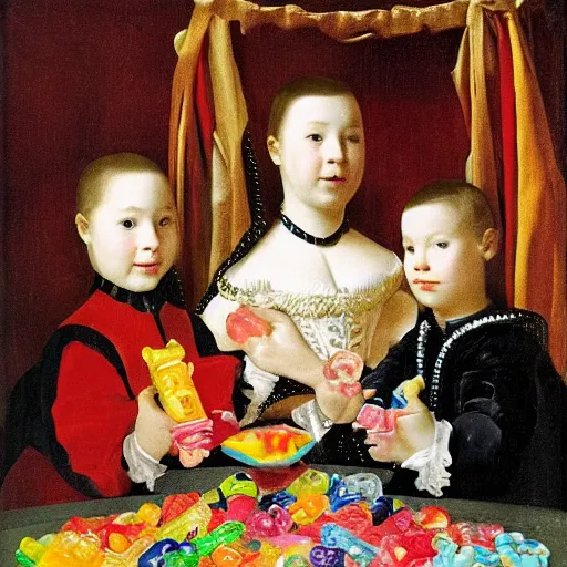 Image similar to Velazquez Las Meninas, candy, sculpted out of candy, gummy candies, gummy bears, gummy worms, colorful award-winning photo of candy, happy smiley