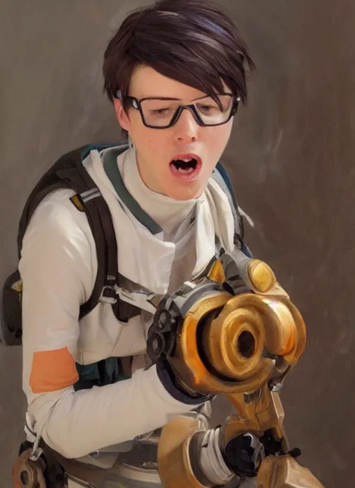 Prompt: oil painting of crying depressed screaming tracer overwatch in the style of sophie anderson, on knees,