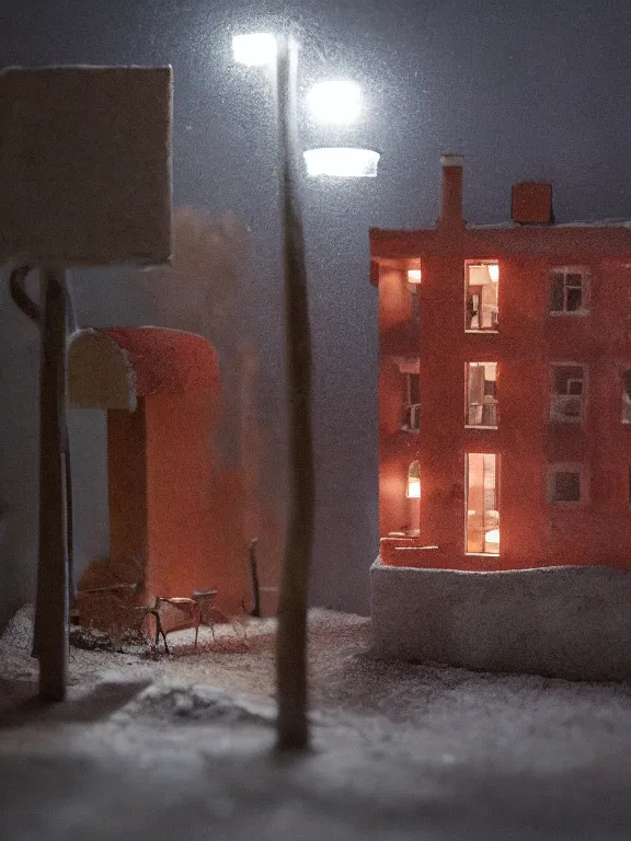 Prompt: small diorama a soviet residential building in soviet suburb, 9 0 s, lights are on in the windows, dark night, post - soviet courtyard, cozy and peaceful atmosphere, fog, cold winter, snowing, streetlamps with orange volumetric light, several birches nearby, elderly man passing by