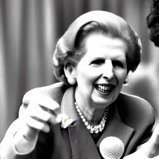 Prompt: margaret thatcher pointing and laughing at coal miners