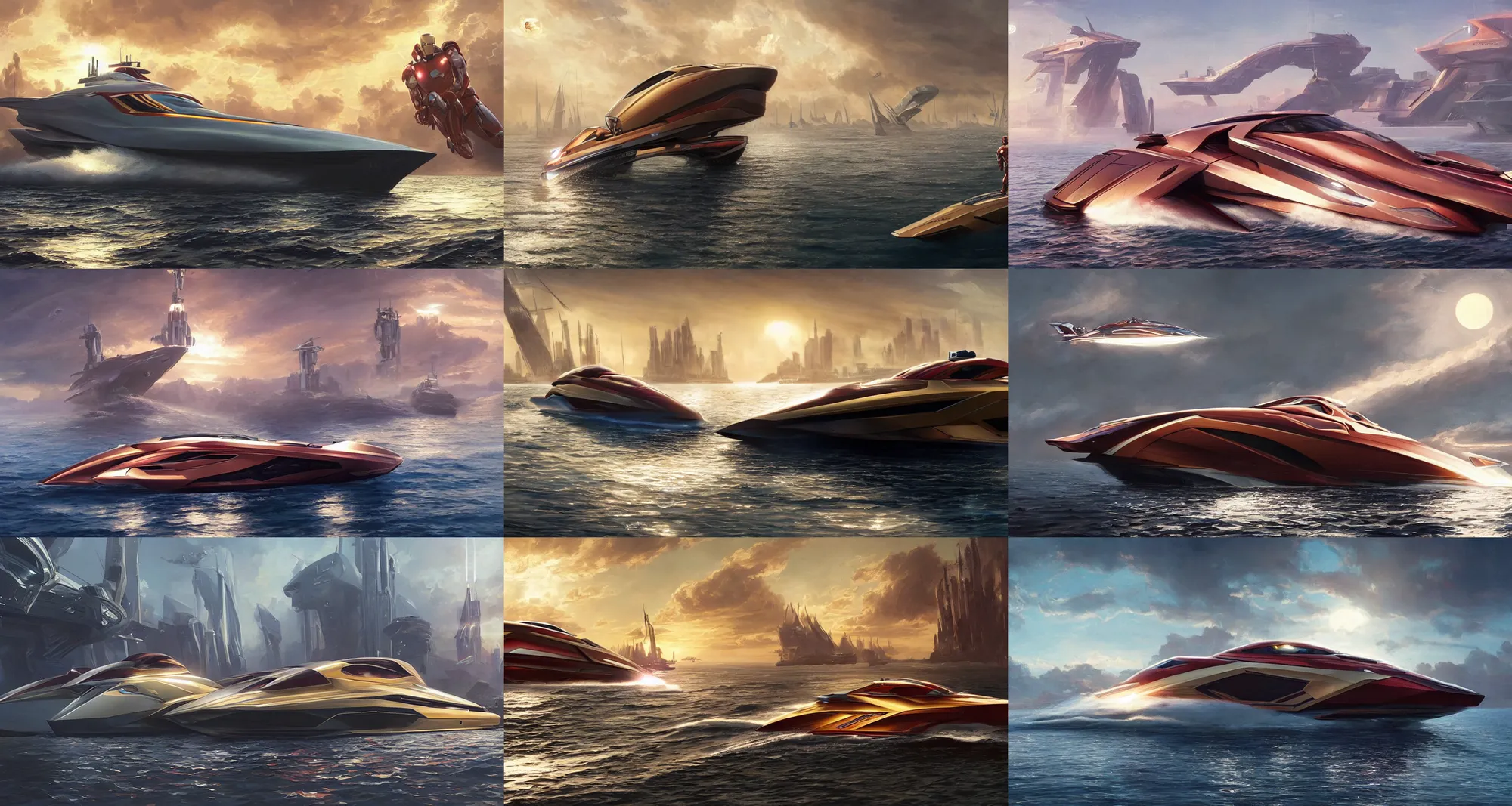 Prompt: an iron man concept yacht, cyberpunk speedboat, ultra realistic, sci-fi, fantasy, smooth, intricate, highly detailed, golden hour, epic lighting, concept art, sharp focus, artstation, CGSociety, art by greg rutkowski and syd mead