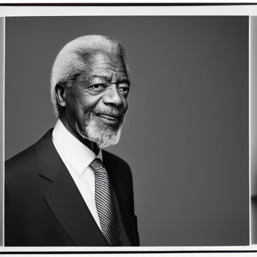 Image similar to black and white photo, portrait of kofi annan by richard avedon, realistic, Leica, medium format, cinematic lighting, parallax, high resolution,