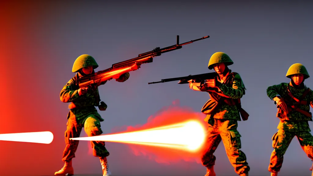 Image similar to two futuristic japanese soldiers firing away from the camera, eye catching composition, realistic, unreal engine 5, global illumination, detailed environment, bright colours, cinematic, atmosphere, 4 k