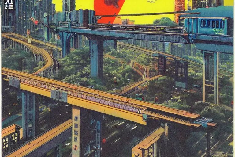 Image similar to 1 9 7 9 omni magazine cover of train bridge going above a park in osaka. cyberpunk style by vincent di fate