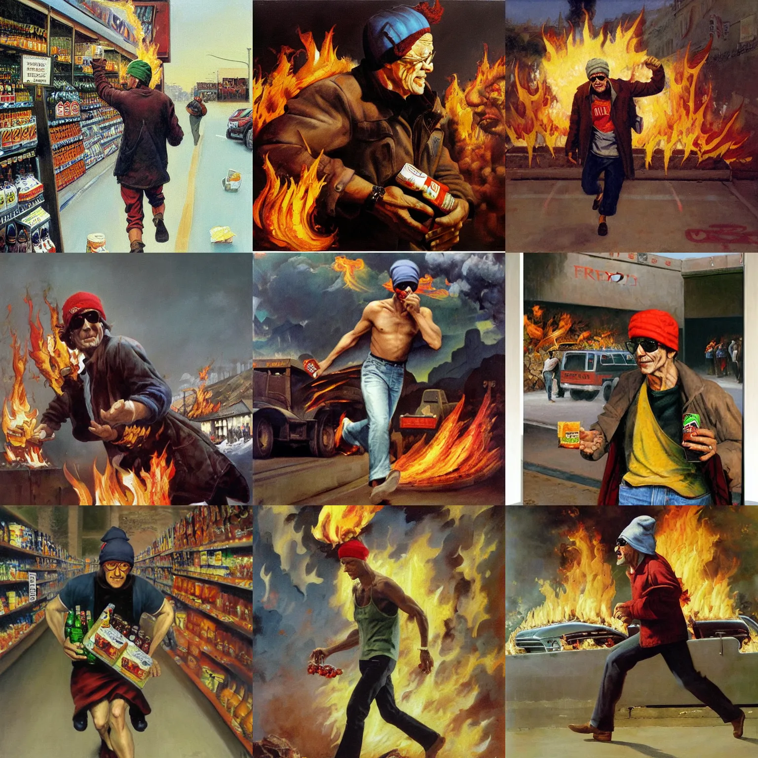 Prompt: man running out of grocery store with case of beer under his arm wearing wraparound sunglasses and beanie hat adorned with flames, oil painting, frank frazetta