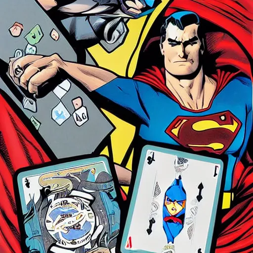 Image similar to batman playing cards with superman, by ty templeton, comic book art