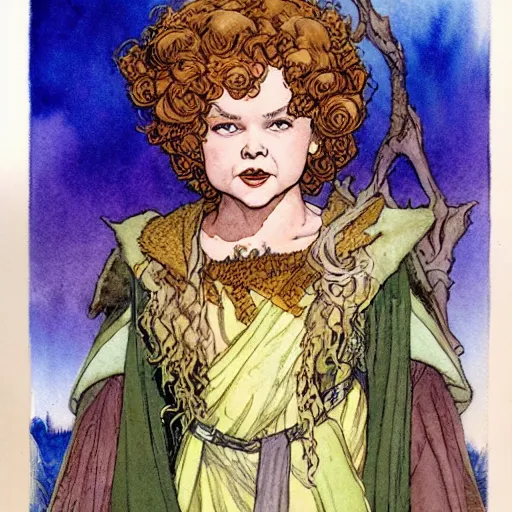 Image similar to a realistic and atmospheric watercolour fantasy character concept art portrait of adult shirley temple as a druidic warrior wizard looking at the camera with an intelligent gaze by rebecca guay, michael kaluta, charles vess and jean moebius giraud