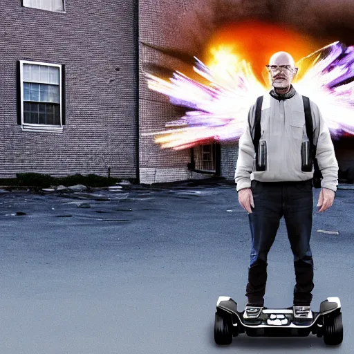 Image similar to Walter White standing on a hoverboard with an exploding building behind him, HDR, 8k,