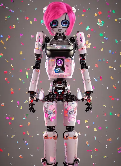 Prompt: full body photo of a belle delphine robot with kanji tattoos and decals wearing a digital pixelated kimono, intricate design, photo - realistic, octane render, ultra fine detailed, character design, trending on artstation