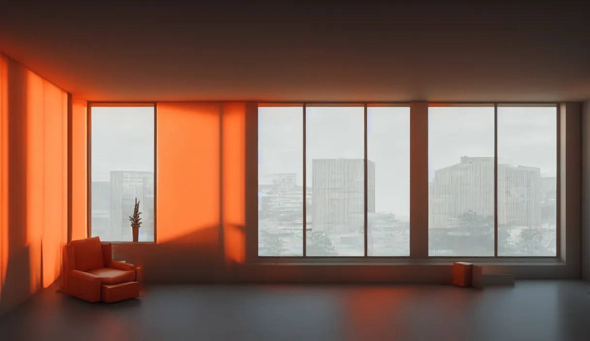 Image similar to a room in a brutalist building with small windows, orange neon lights, dramatic lighting, hyper realistic, photography, 3 5 mm, kodak film, 8 k, cg render, octane render, unreal engine render