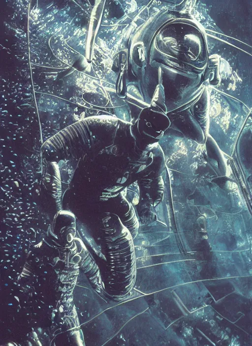 Image similar to astronauts divers in dark void underwater - complex and hyperdetailed technical suit design. reflection and dispersion materials. rays and dispersion of light. volumetric light. f / 3 2. noise film photo. flash photography. ultra realistic, 5 0 mm. poster by wayne barlowe, hajime sorayama aaron horkey, craig mullins