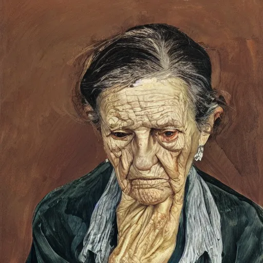 Prompt: Oil painting Portrait of a sad old Woman, by Lucian Freud, Abstract brush strokes, Masterpiece