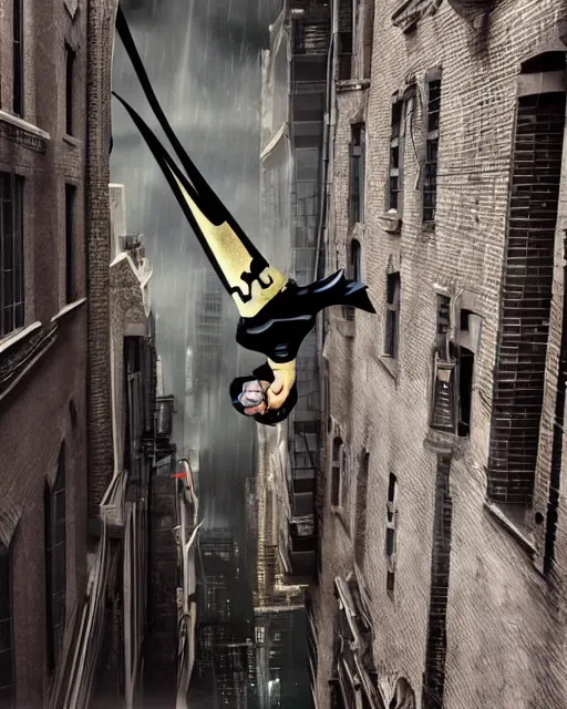 Prompt: epic action still of baby yoda wearing batman outfit as batman hanging upside - down from building in atmospheric alleyway in the style of batman the dark knight rises