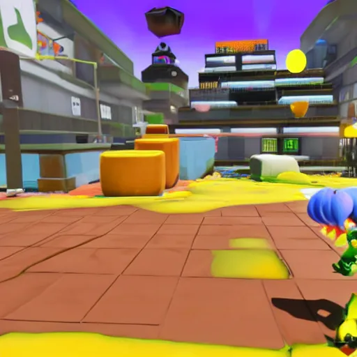 Image similar to walter white in splatoon as an inkling, standing next to an inkling, wide shot, in game screenshot, unreal engine, high definition