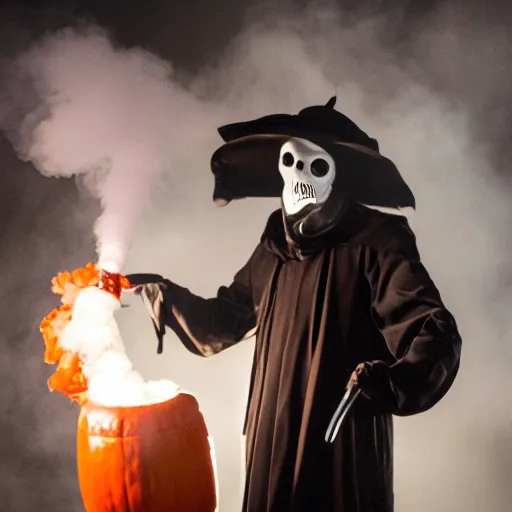 Image similar to a plague doctor exhaling a huge smoke cloud from his halloween bong, award winning candid photography