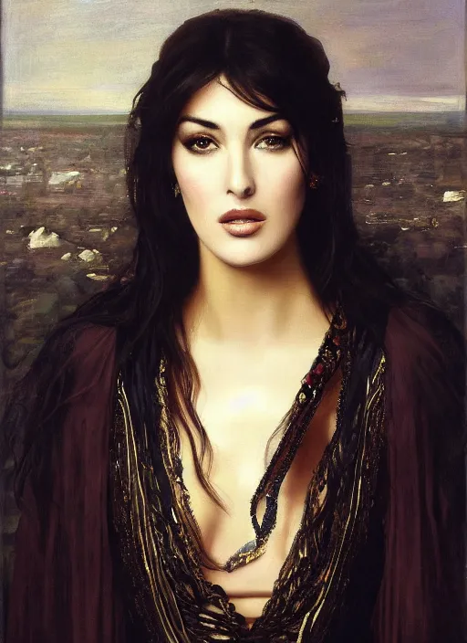 Image similar to a beautiful painting of monica bellucci by felix resurreccion hidalgo, pre-raphaelite, detailed, trending on artstation, hd, masterpiece