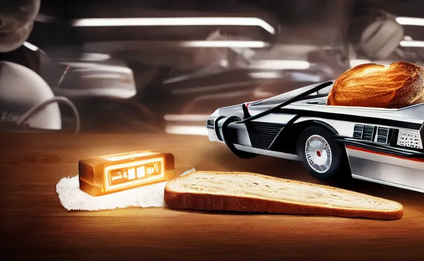 Image similar to a time-traveling delorean styled toaster with toast, bread inserted into slot, glowing heating coils, stainless steel, professional product shot, magazine ad