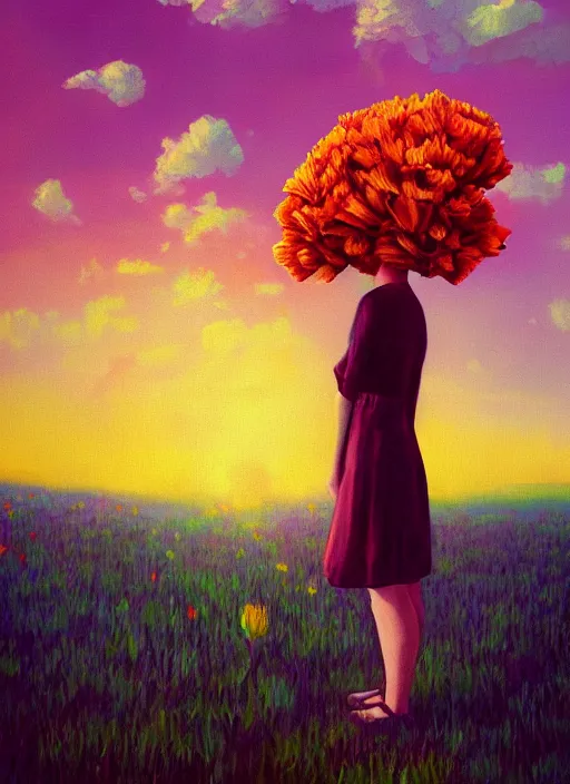 Image similar to woman with a giant carnation head, flower field, surreal photography, sunset dramatic light, impressionist painting, colorful clouds, blue sky, digital painting, artstation, simon stalenhag