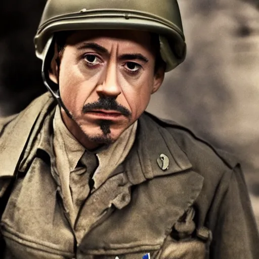 Prompt: robert downey jr as a us ww 2 soldier during the liberation of france, highly detailed, cinematic lighting, photorealistic