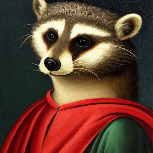 Prompt: a renaissance style portrait oil painting of a fancy raccoon wearing a crown and a cape, dark background