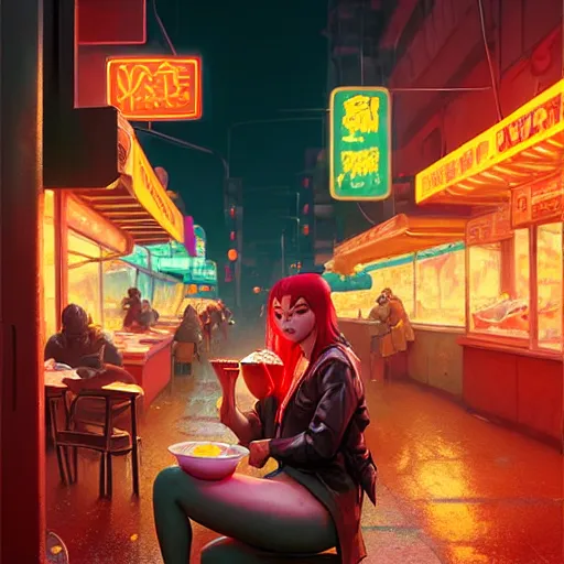 Prompt: splash art of anthropomorphic female vulpes vulpes fulva woman sitting at a noodle stand eating noodles in the crowded street of a cyberpunk city, rain, harsh neon lights, atmospheric : by weta, greg rutkowski, wlop, ilya kuvshinov, rossdraws, artgerm, octane render, liosh, mucha