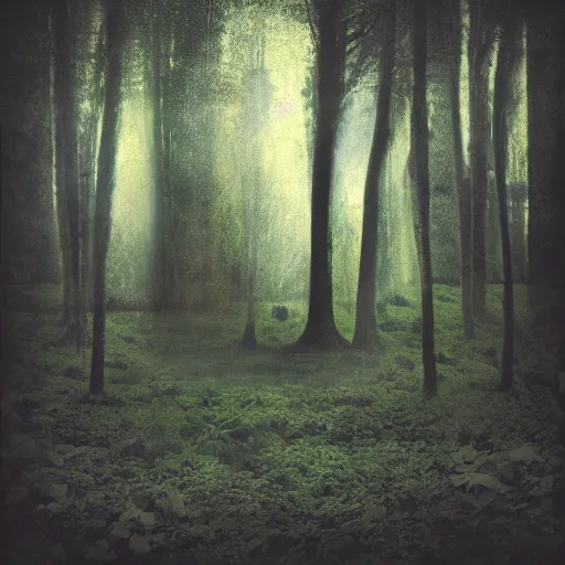 Image similar to polaroid style of a surreal artsy dream forest backdrop overlay, double exposure