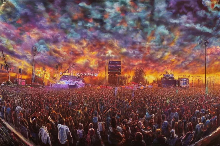 Prompt: 4 k hyper realistic oil painting of 1 9 8 0 s city at a music festival, huge stage and a big speaker array in the sky booming heavy metal music, a band of heavy metal playing on stage, detailed painting in the style of axel aabrink