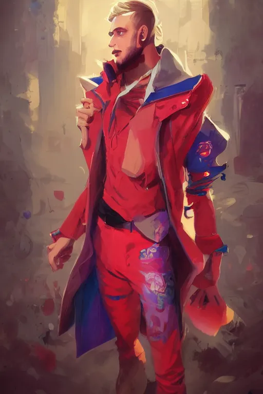 Prompt: a digital painting concept art portrait of a single young man dressed in stylish garish clothing by artgerm and greg rutkowski, fornite, valorant, high quality, happy mood, artstation trending, vibrant colours, no crop, no helmet, no headgear, entire character, blank background, face visible,