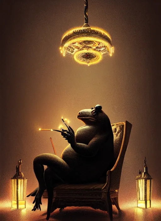 Prompt: portrait of a large black toad smoking a shisha, sitting in an armchair, intricate, elegant, glowing lights, highly detailed, digital painting, artstation, concept art, smooth, sharp focus, art by wlop, mars ravelo and greg rutkowski