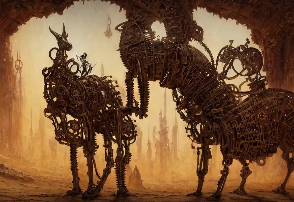 Prompt: A closeup human in arabian vestments performs a vivid magical ritual to resurrect a mechanical horse inside a ancient steel ruins are covered with barchans of sand. Art by Finnian MacManus, Simon Stalenhag, Arthur Rackham. Masterpiece, fantasy art, cinematic, hyperdetailed, photorealistic, postapocalyptic, steampunk, hyperrealism, octane render, 8k